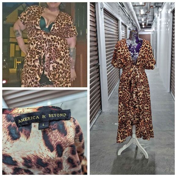 America & Beyond Large leopard print swim cover up long tie front - Picture 1 of 9